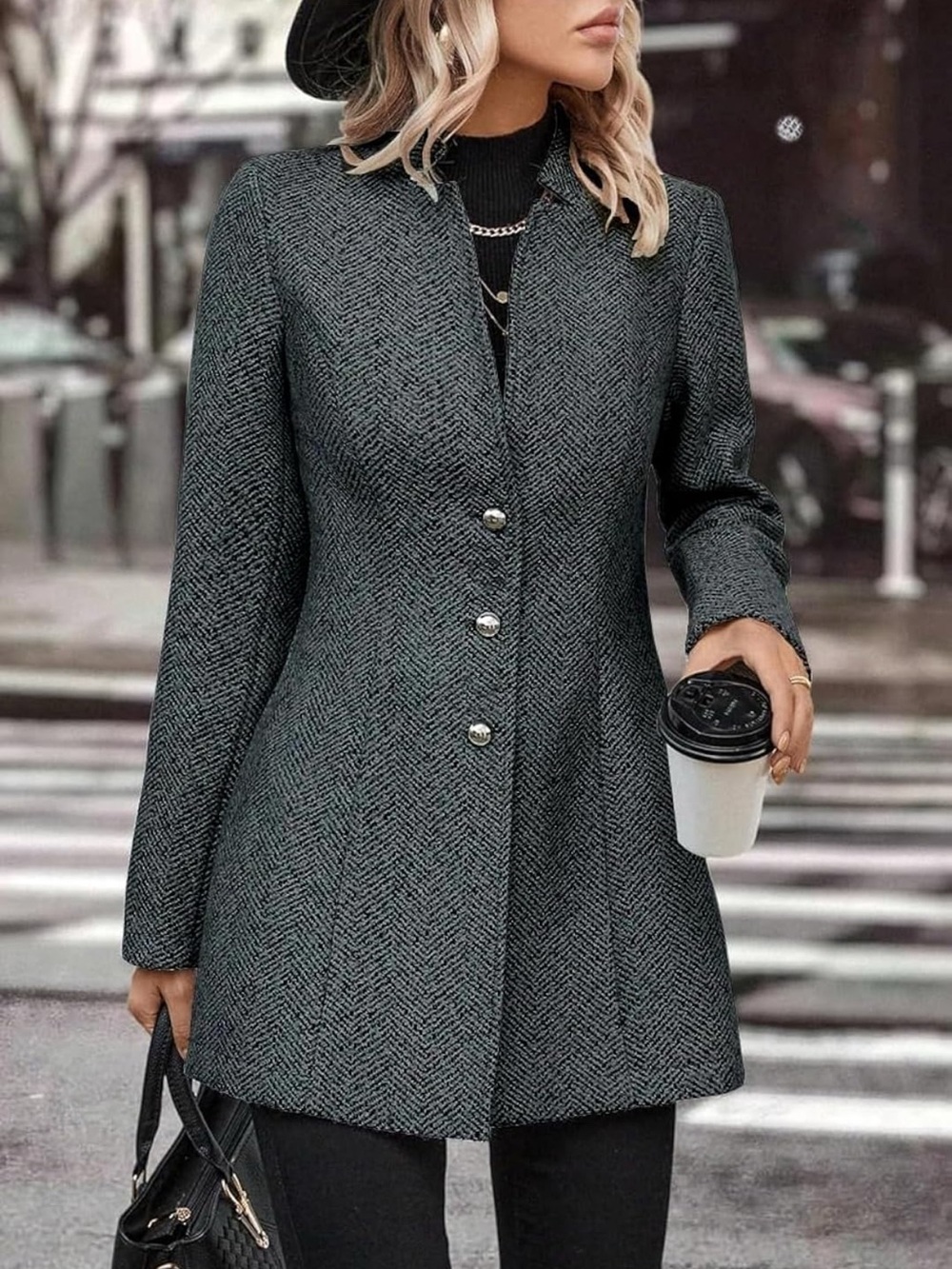 Women's Herringbone Tailored Coat - Gray